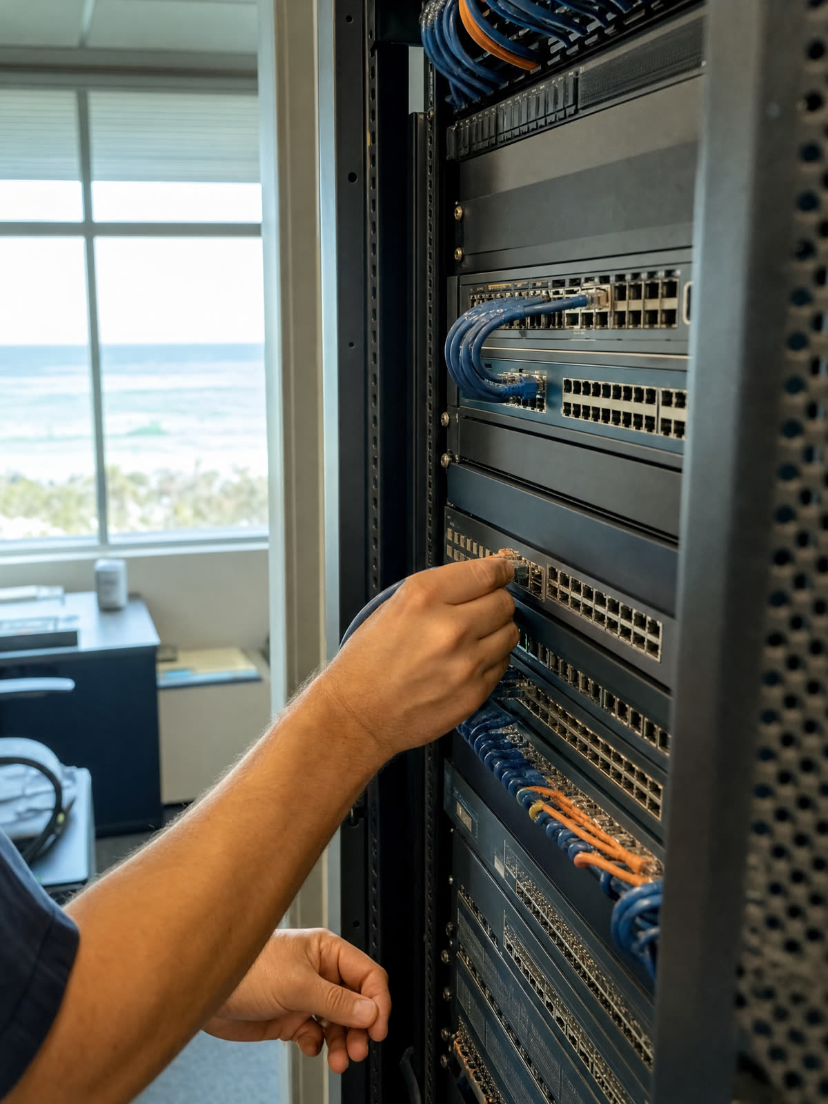 A technician's hands at a tidy network rack in a coastal office