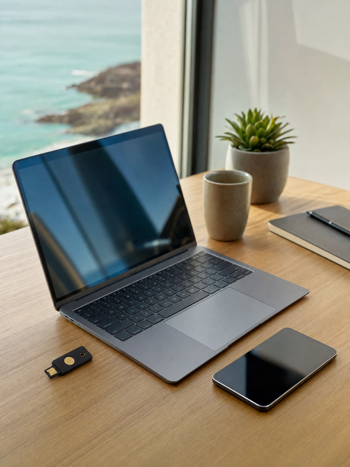 A laptop, a hardware security key and a phone on a desk by a window