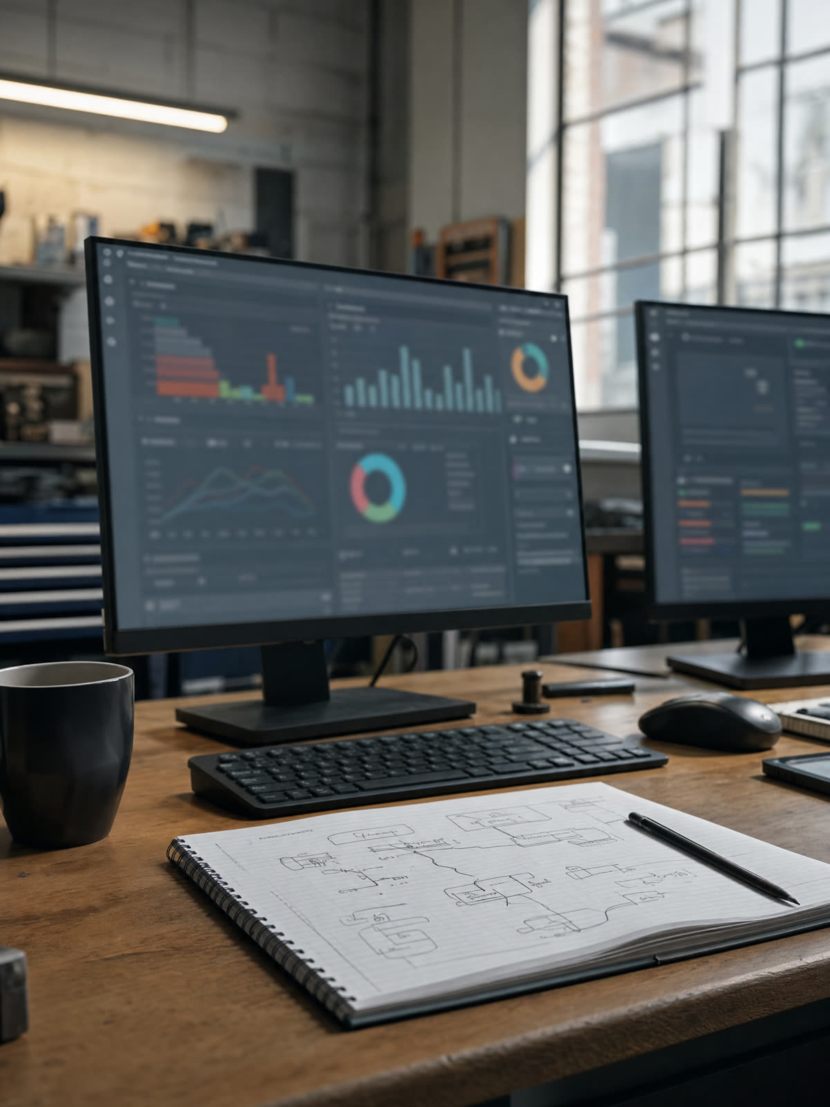 Two monitors with a custom dashboard beside a notebook of flow sketches